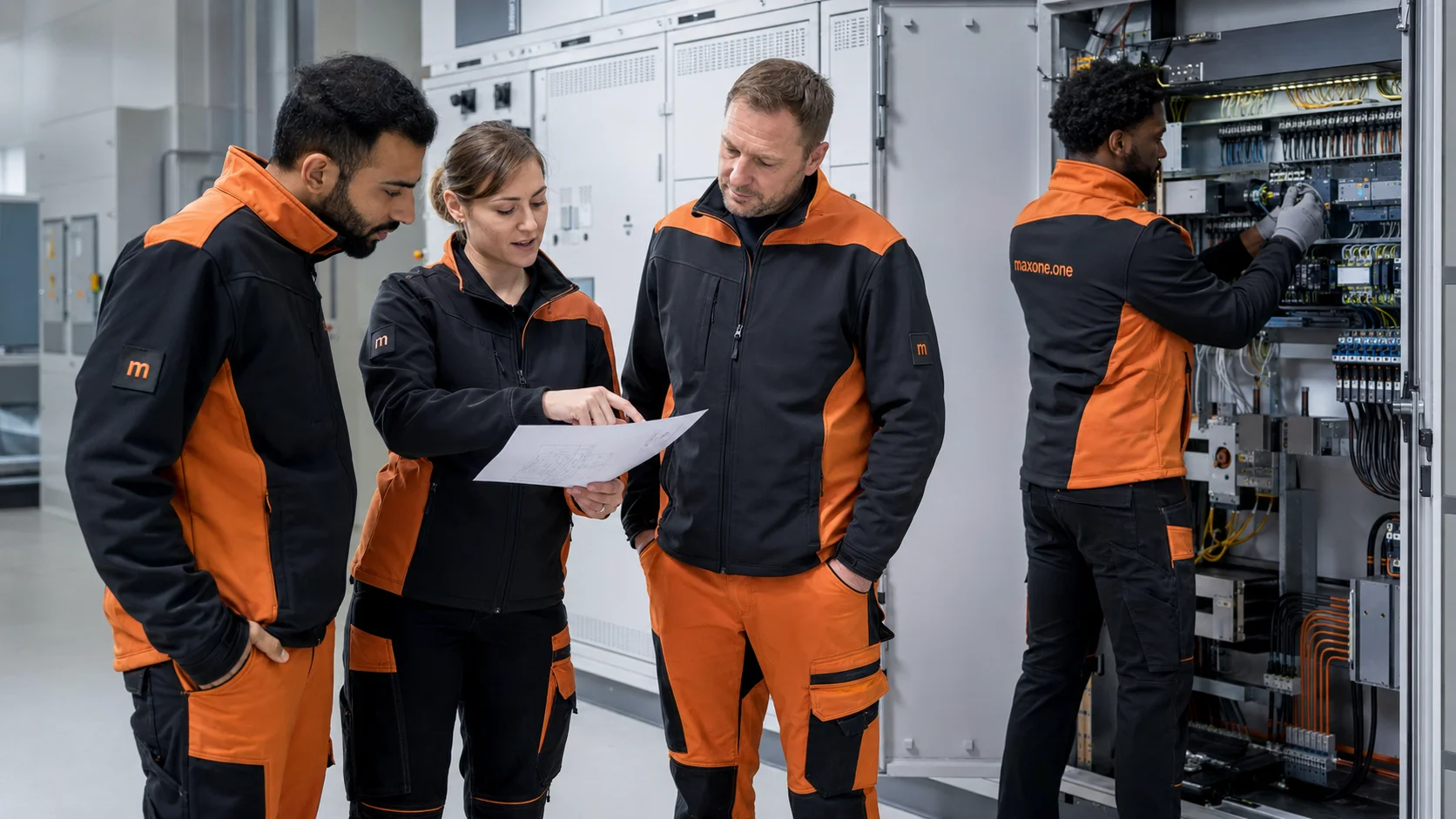 Diverses maxone.one-Team aus Elektrikerinnen und Elektrikern bespricht Schaltpläne am offenen Schaltschrank