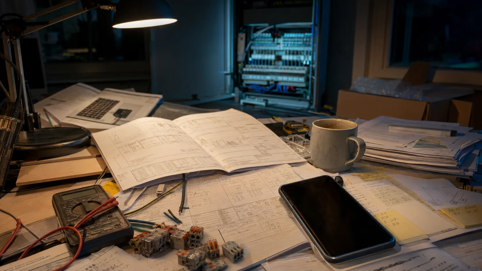 Elektriker-Arbeitsplatz im Abendlicht: Schaltpläne, Multimeter und Reihenklemmen auf dem Schreibtisch, dahinter ein Verteilerschrank