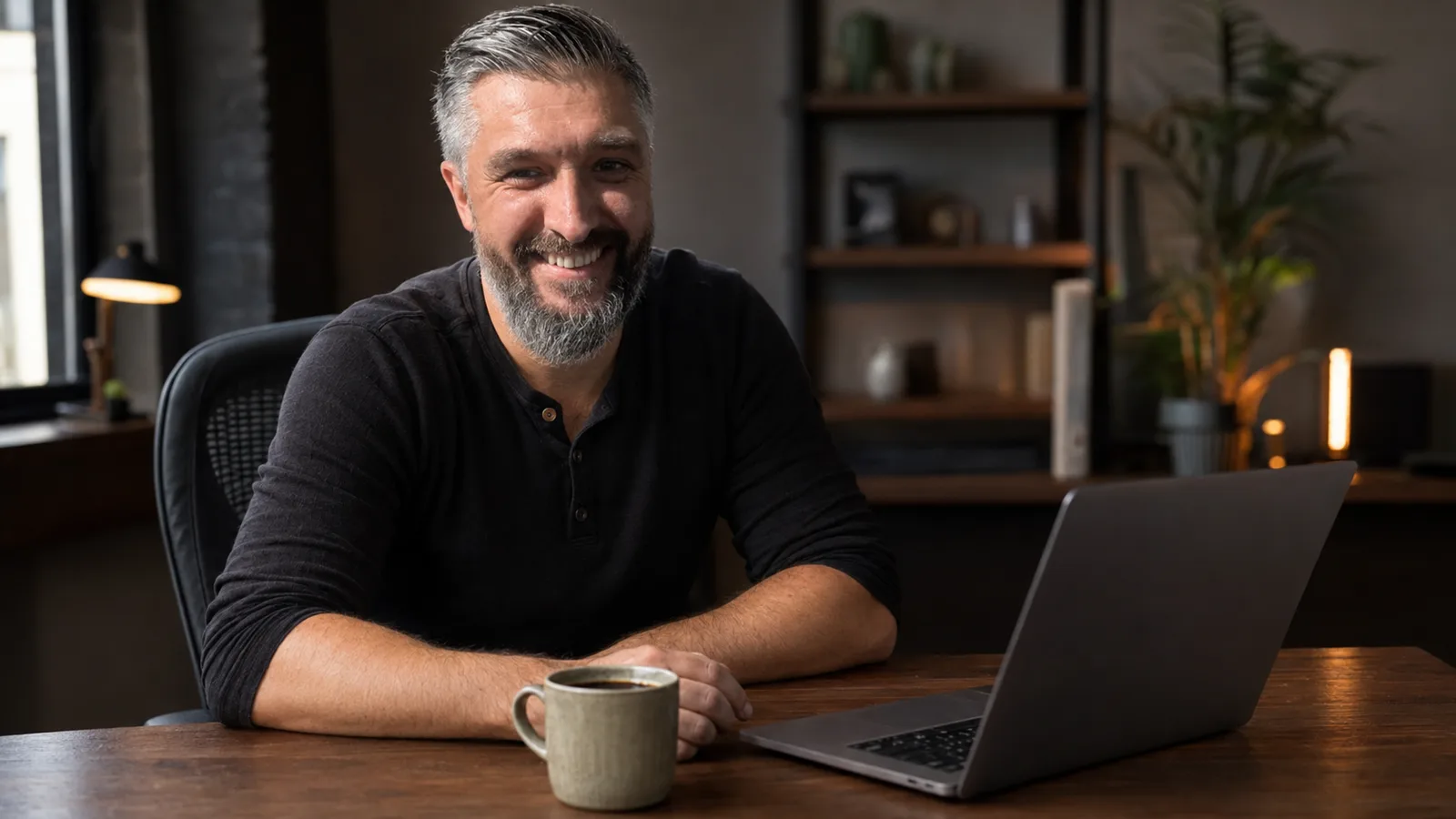 Max Karastelev sitzt offen und einladend an seinem Schreibtisch mit Laptop und Kaffee